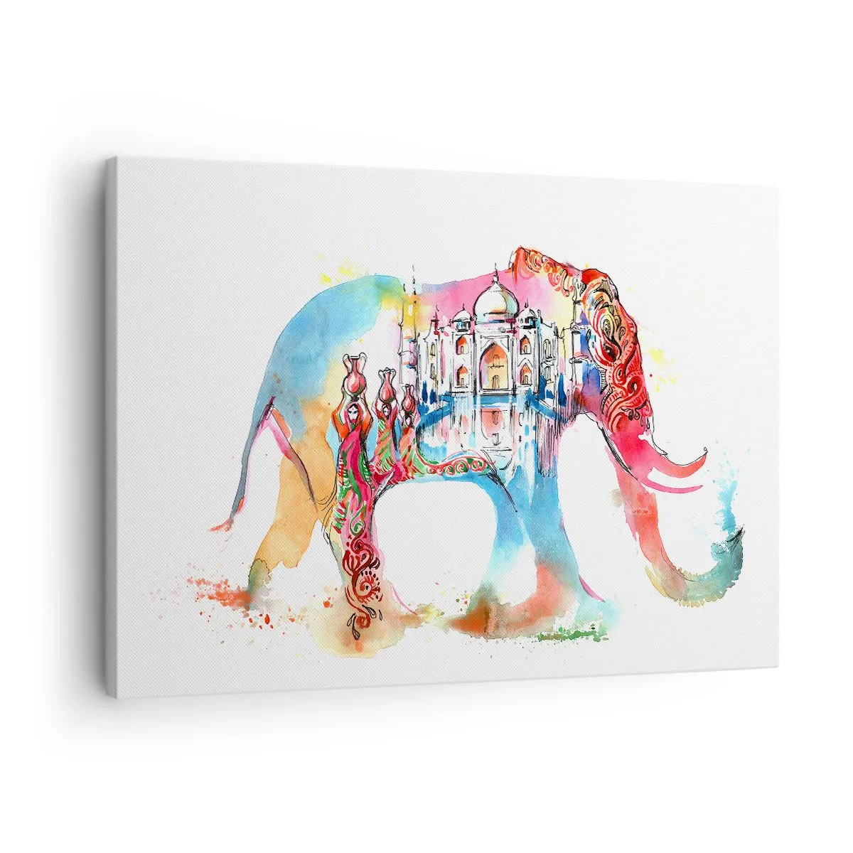 Obraz na płótnie - Kolorowa akwarela słonia z motywem Taj Mahal - 70x50cm - Indie - aura miłości - Nowoczesna dekoracja ścienna do salonu i sypialni ARTTOR