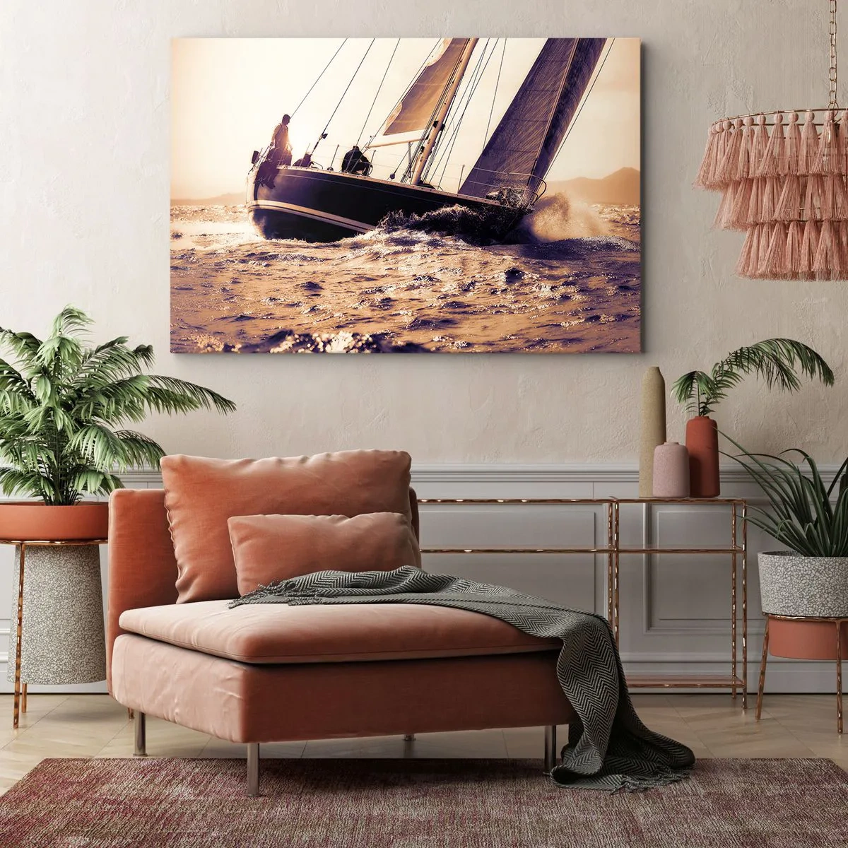 Obraz na płótnie - Jacht na wzburzonym morzu w świetle zachodzącego słońca - 70x50cm - Żeglujże, żeglarzu - Nowoczesna dekoracja ścienna do salonu i sypialni ARTTOR