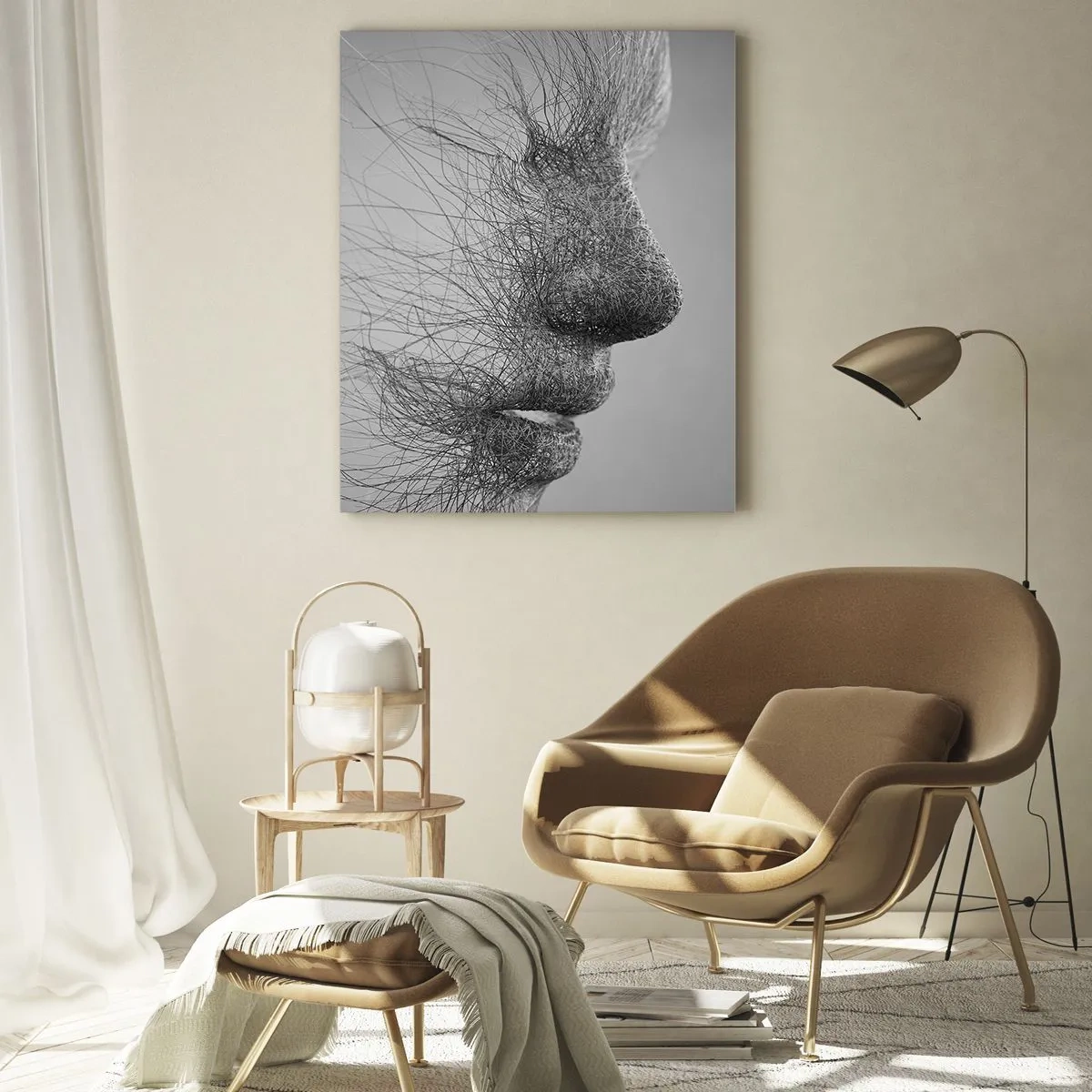 Obraz na szkle - Czarno-biały abstrakcyjny profil twarzy z liniami - 50x70cm - Duch wiatru - Nowoczesna dekoracja ścienna do salonu, kuchni i sypialni ARTTOR