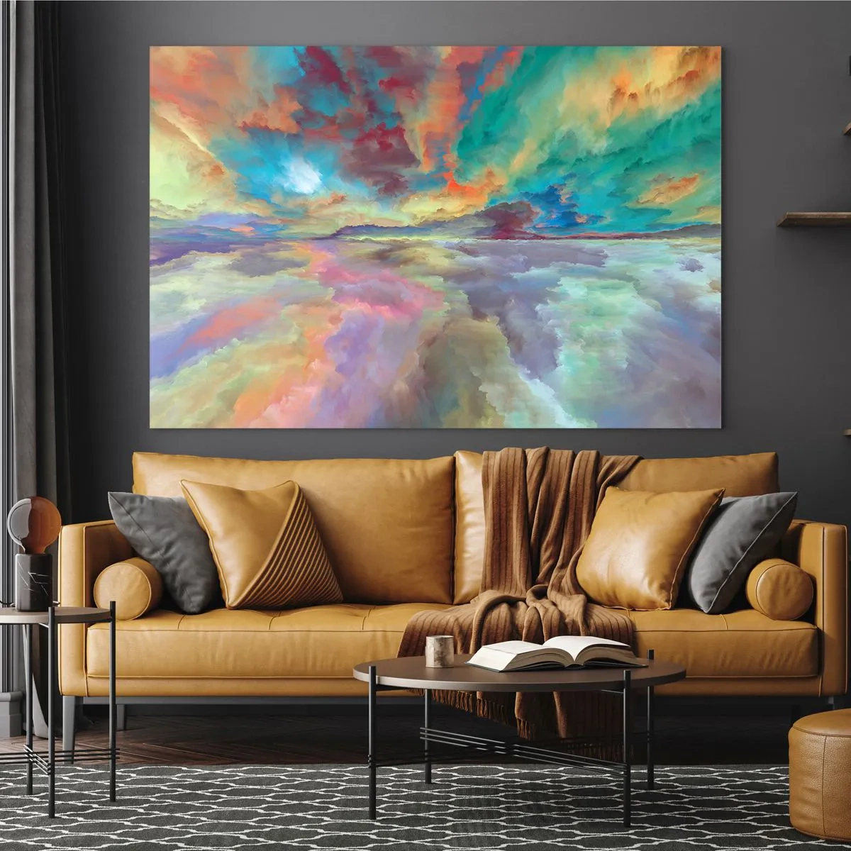 Obraz na szkle - Kolorowe chmury odbijające się w wodzie na horyzoncie - 70x50cm - Dwa nieba - Nowoczesna dekoracja ścienna do salonu i sypialni ARTTOR