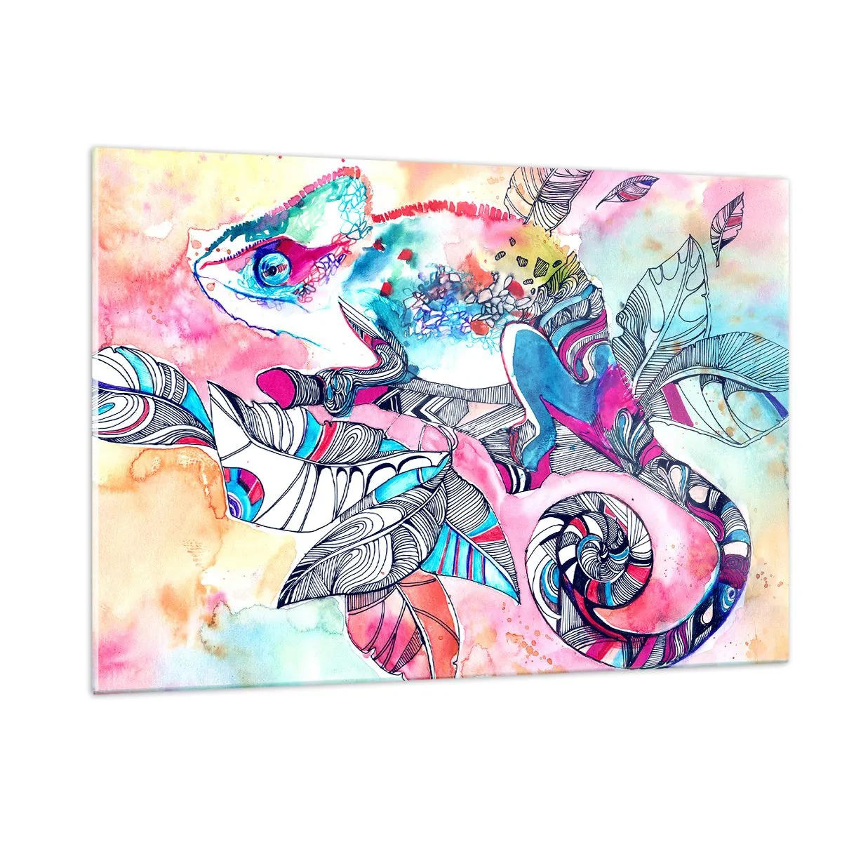 Obraz na szkle - Kolorowy chameleon wśród liści w stylu akwarelowym - 120x80cm - Kolorowy jak nasz świat - Nowoczesna dekoracja ścienna do salonu, kuchni i sypialni ARTTOR
