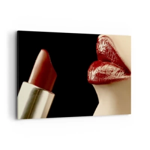 Obraz na płótnie - Czerwone usta i szminka na czarnym tle - 120x80cm - Zmysłowość i blask karminu - Nowoczesna dekoracja ścienna do salonu, kuchni i sypialni ARTTOR