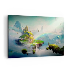 Obraz na płótnie - Latające wyspy wśród chmur z tęczą na horyzoncie - 100x70cm - Śródniebie - wyspy szczęśliwe - Nowoczesna dekoracja ścienna do salonu, kuchni i sypialni ARTTOR