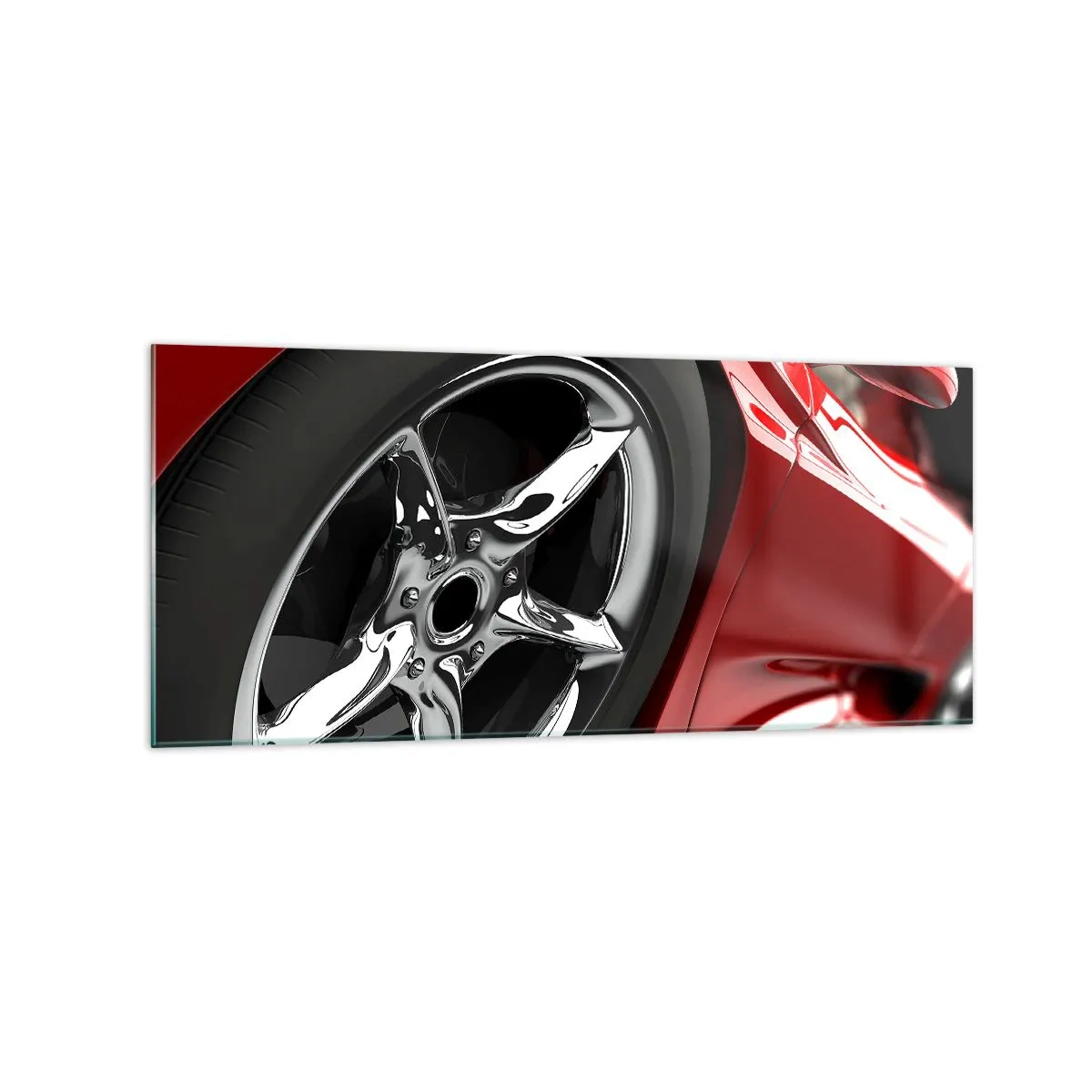 Obraz na szkle - Czerwony sportowy samochód z chromowanym kołem - 120x50cm - Stworzony do szybkości - Nowoczesna dekoracja ścienna do salonu i sypialni ARTTOR