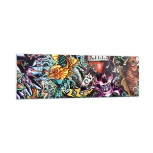 Obraz na szkle - Kolorowa grafika w stylu tatuażowym z czaszkami i motywami morskimi - 160x50cm - Sen tatuażysty - Nowoczesna dekoracja ścienna do salonu i sypialni ARTTOR