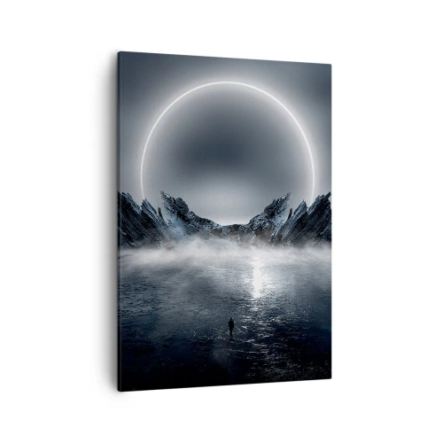 Obraz na płótnie - Mroczny krajobraz z monumentalnym świetlistym pierścieniem nad górami - 50x70cm - Finał opowieści - Nowoczesna dekoracja ścienna do salonu, kuchni i sypialni ARTTOR