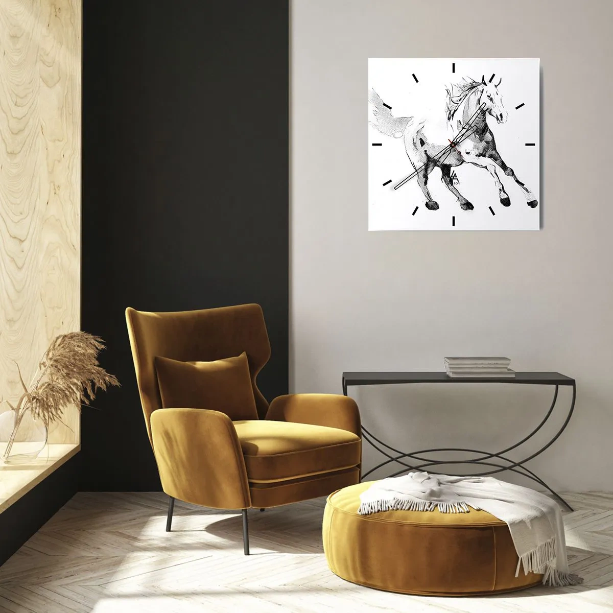 Zegar ścienny - Szkic galopującego konia w odcieniach czerni i bieli - 30x30cm - Nieujarzmiona dusza - Nowoczesna dekoracja ścienna do salonu i sypialni ARTTOR