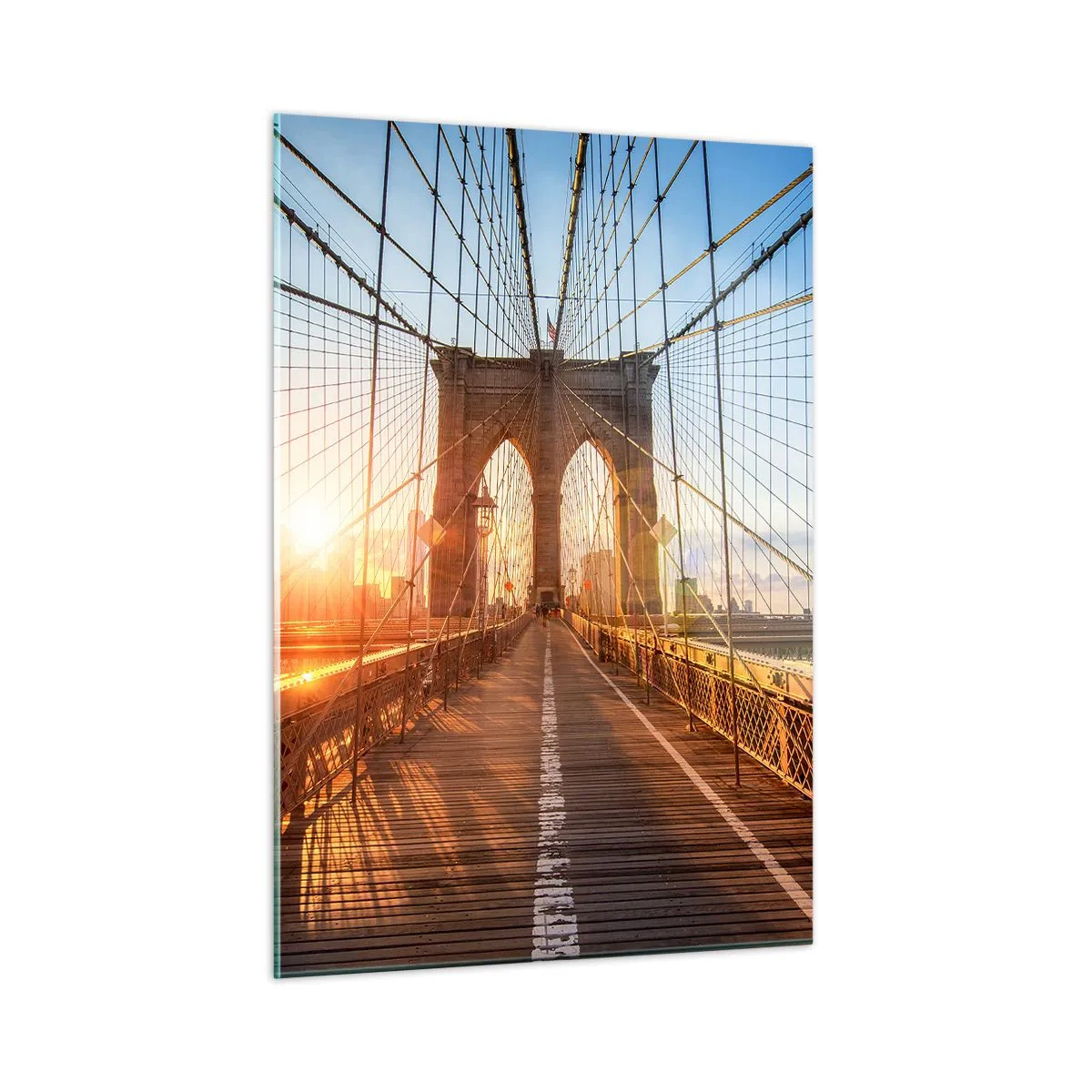 Obraz na szkle - Zachód słońca na moście Brooklyn w Nowym Jorku - 50x70cm - Na złotym moście - Nowoczesna dekoracja ścienna do salonu, kuchni i sypialni ARTTOR