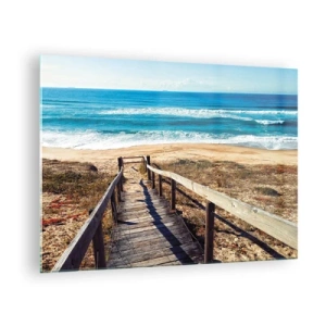 Obraz na szkle - Drewniana ścieżka prowadząca na plażę z widokiem na ocean - 70x50cm - Biegnij! - Nowoczesna dekoracja ścienna do salonu i sypialni ARTTOR