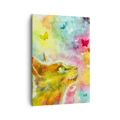 Obraz na płótnie - Kolorowy kot wśród motyli w akwarelowym stylu - 50x70cm - Baju-baju w kocim raju - Nowoczesna dekoracja ścienna do salonu, kuchni i sypialni ARTTOR
