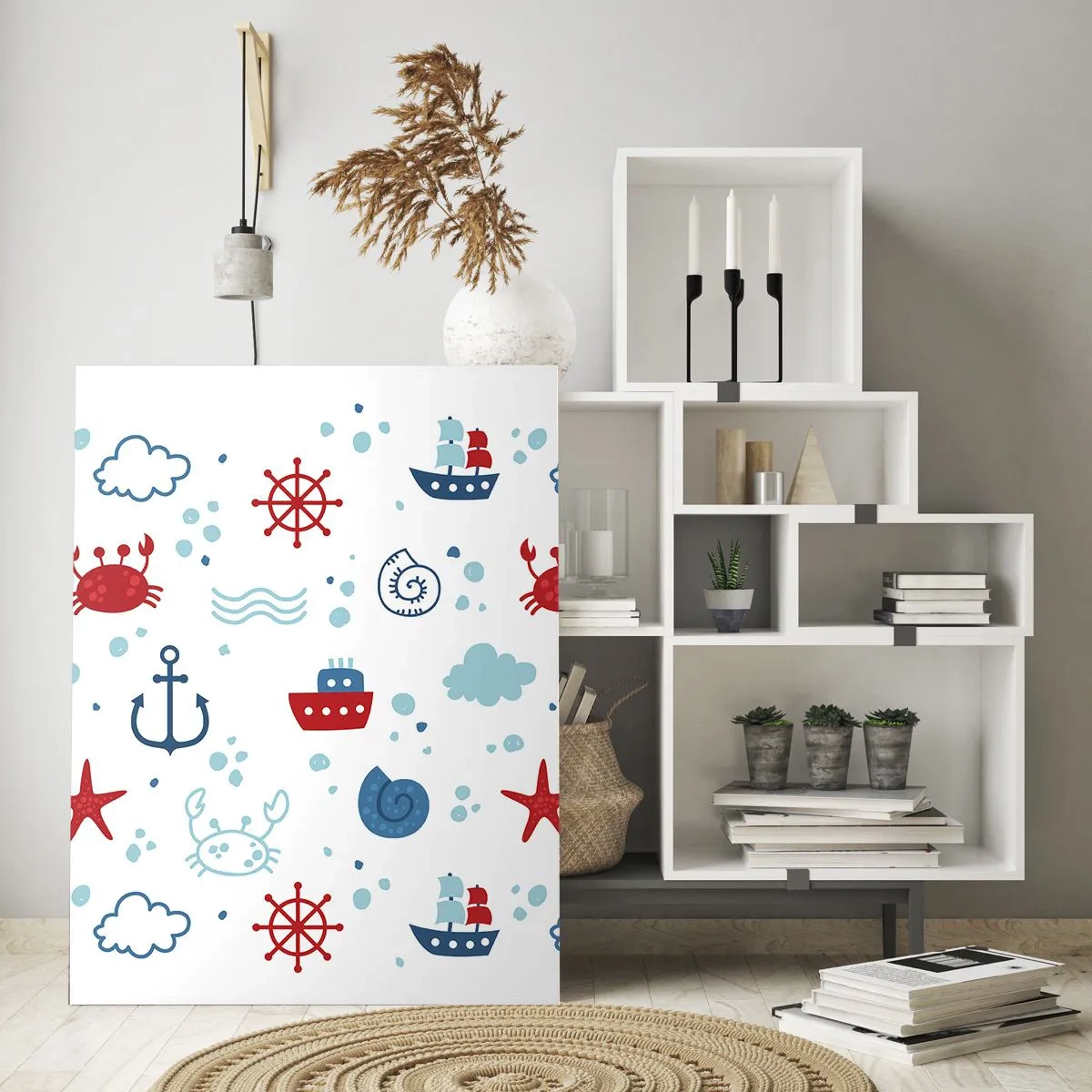 Obraz na szkle - Marynistyczne wzory z krabami, kotwicami i statkami - 50x70cm - Morska bajka - Nowoczesna dekoracja ścienna do salonu, kuchni i sypialni ARTTOR
