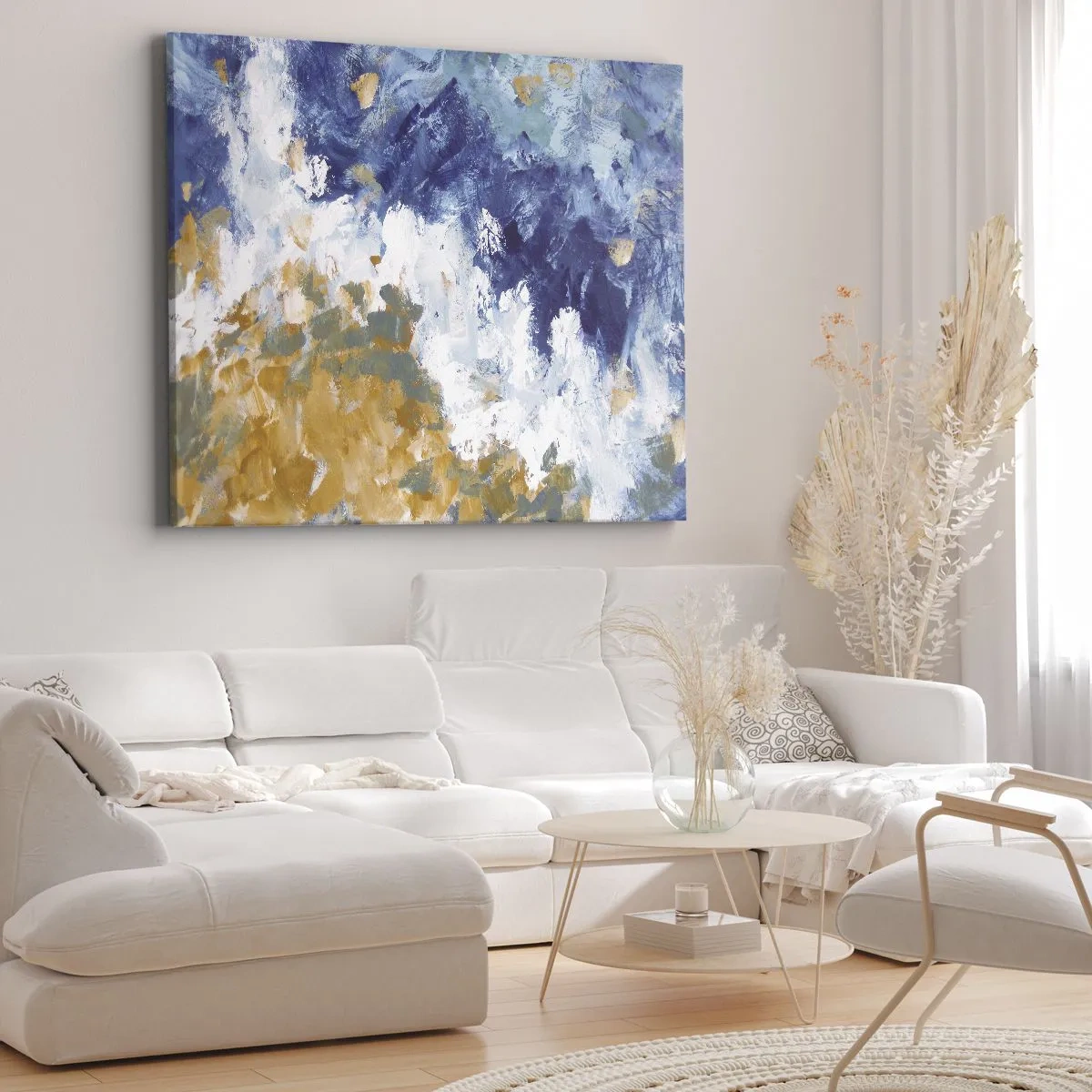 Obraz na płótnie - Abstrakcja w odcieniach błękitu, bieli i złota - 70x50cm - Taniec żywiołów - Nowoczesna dekoracja ścienna do salonu i sypialni ARTTOR