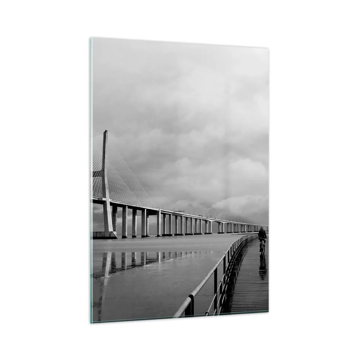Obraz na szkle - Most w monochromatycznym krajobrazie z rowerzystą - 50x70cm - Każdemu co mu się należy - Nowoczesna dekoracja ścienna do salonu, kuchni i sypialni ARTTOR