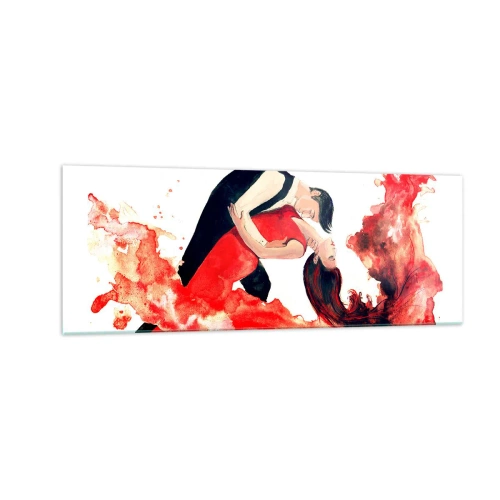 Obraz na szkle - Dynamiczna akwarela tańczącej pary w czerwonych barwach - 140x50cm - Tango - zmysłowa fala - Nowoczesna dekoracja ścienna do salonu i sypialni ARTTOR