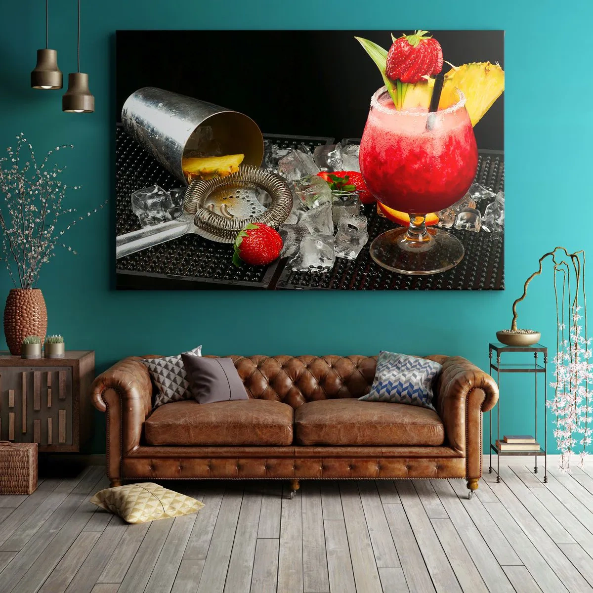 Obraz na płótnie - Kolorowy koktajl z truskawkami, lodem i ananasem - 100x70cm - Wyczarować smak - Nowoczesna dekoracja ścienna do salonu, kuchni i sypialni ARTTOR