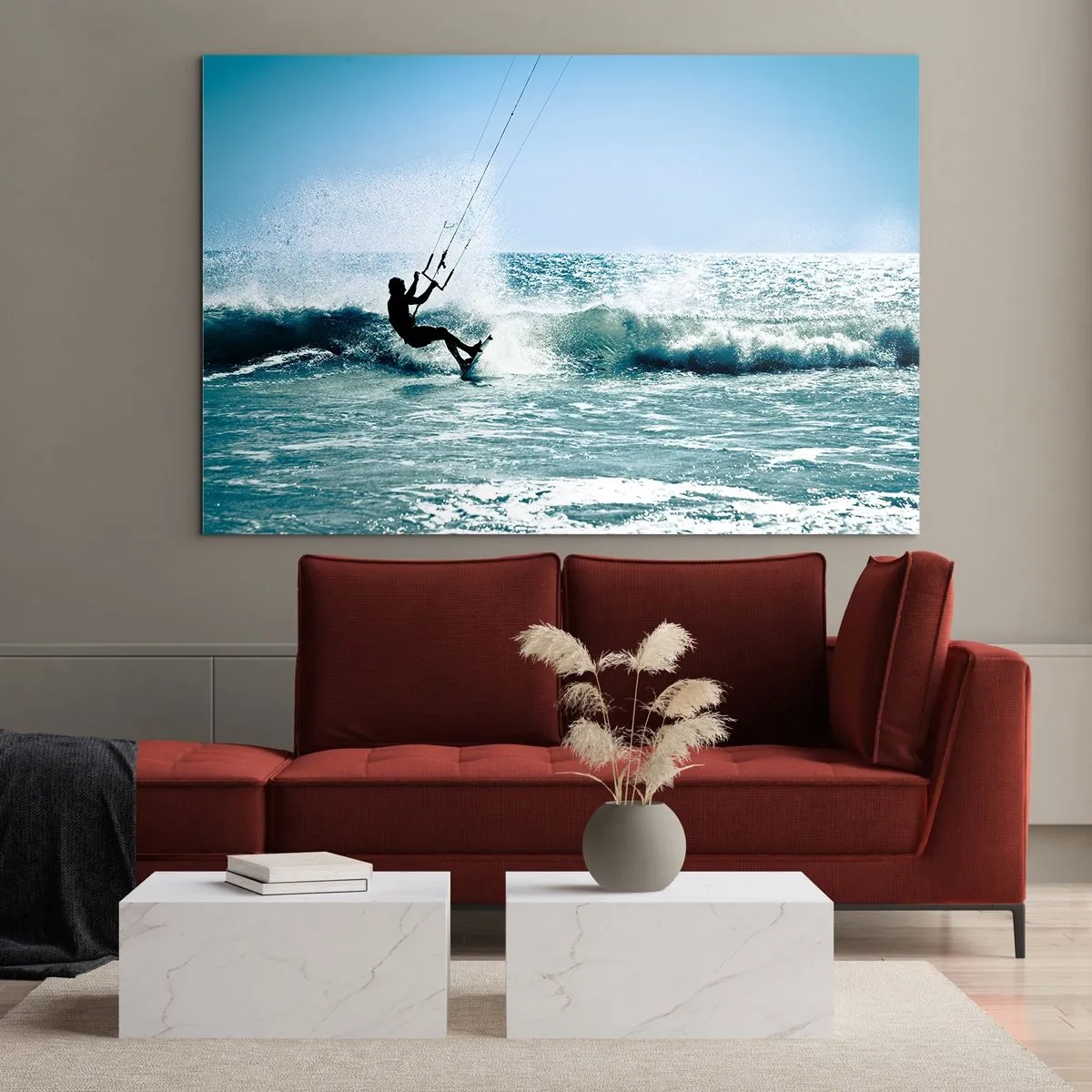 Obraz na szkle - Kitesurfer na falach oceanu w słoneczny dzień - 120x80cm - Daj się ponieść - Nowoczesna dekoracja ścienna do salonu, kuchni i sypialni ARTTOR