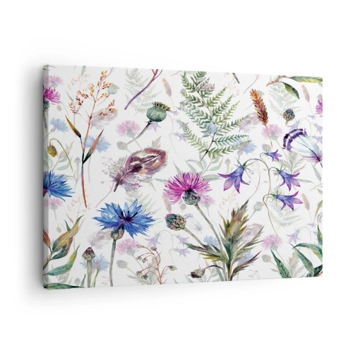 Obraz na płótnie - Akwarelowe kwiaty i zioła na białym tle w stylu zielnika - 70x50cm - Polski zielnik - Nowoczesna dekoracja ścienna do salonu i sypialni ARTTOR