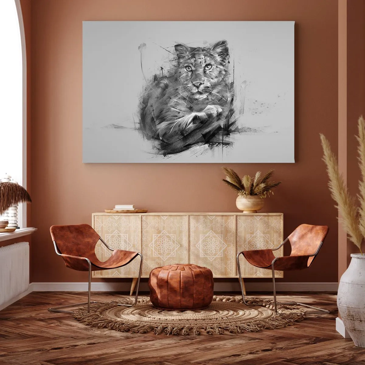 Obraz na płótnie - Czarno-biały portret lwa w artystycznym stylu z dynamicznymi pociągnięciami - 70x50cm - Tak, słucham uważnie - Nowoczesna dekoracja ścienna do salonu i sypialni ARTTOR