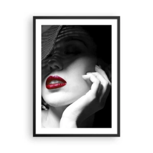 Plakat w czarnej ramie - Portret kobiety w kapeluszu z czerwonymi ustami - 50x70cm - Studium w szkarłacie - Nowoczesna dekoracja ścienna do salonu i sypialni ARTTOR