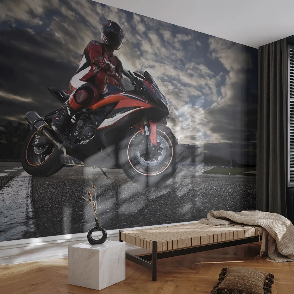 Fototapeta Premium Canvas - Mroczny jeździec - Motoryzacja, Motocykl, Wyścig - 350x256 cm