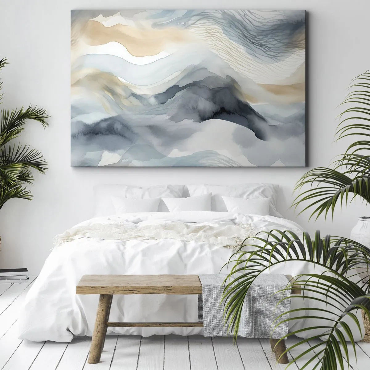 Obraz na płótnie - Delikatna abstrakcja z motywem gór w pastelowych odcieniach - 70x50cm - Abstrakcja śnieżna i mglista - Nowoczesna dekoracja ścienna do salonu i sypialni ARTTOR