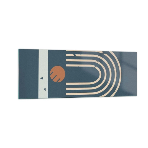 Obraz na szkle - Geometryczny wzór w odcieniach granatu, beżu i pomarańczu na ciemnym tle - 140x50cm - Geometria na granacie - Nowoczesna dekoracja ścienna do salonu i sypialni ARTTOR