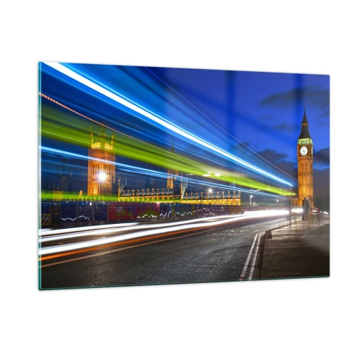 Obraz na szkle - Big Ben nocą z rozmazanymi światłami aut - 120x80cm - Pod okiem Big Bena - Nowoczesna dekoracja ścienna do salonu, kuchni i sypialni ARTTOR