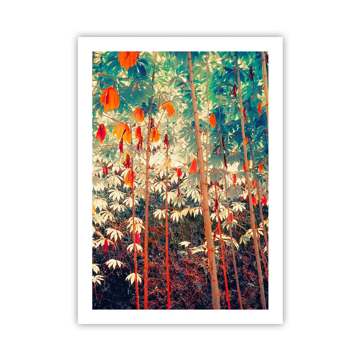 Plakat - Kolorowy las tropikalny z dominacją czerwieni i zieleni - 50x70cm - Tajemne życie liści - Nowoczesna dekoracja ścienna do salonu, kuchni i sypialni ARTTOR