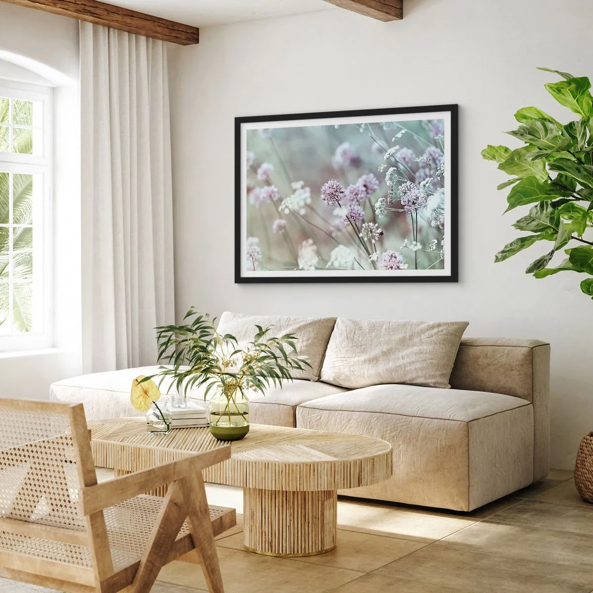 Plakat w czarnej ramie - Delikatne kwiaty w pastelowych odcieniach - 70x50cm - Słodkie filigrany ziół - Nowoczesna dekoracja ścienna do salonu i sypialni ARTTOR