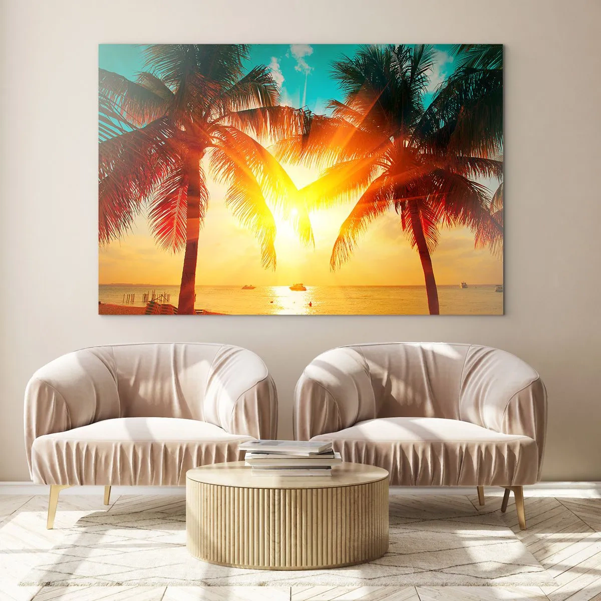 Obraz na szkle - Palmy oświetlone słońcem nad tropikalną plażą - 120x80cm - Egzotyczna para - Nowoczesna dekoracja ścienna do salonu, kuchni i sypialni ARTTOR
