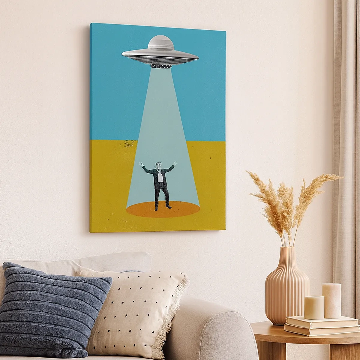 Obraz na płótnie - Surrealistyczna scena porwania przez UFO w stylu retro kolażu - 50x70cm - Bliskie spotkanie - Nowoczesna dekoracja ścienna do salonu, kuchni i sypialni ARTTOR