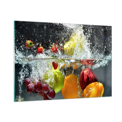 Obraz na szkle - Owoce zanurzone w wodzie z dynamicznymi rozbryzgami - 100x70cm - Owocowe orzeźwienie - Nowoczesna dekoracja ścienna do salonu, kuchni i sypialni ARTTOR
