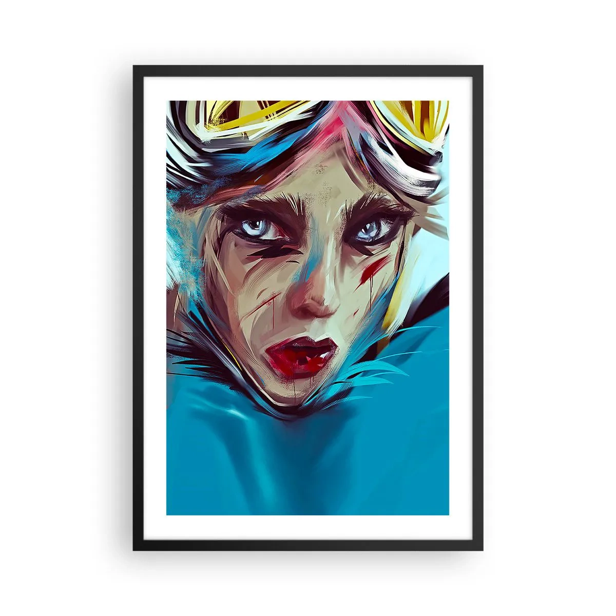 Plakat w czarnej ramie - Portret kobiety z intensywnym spojrzeniem i niebieskim tłem - 50x70cm - Wojowniczka szos - Nowoczesna dekoracja ścienna do salonu i sypialni ARTTOR