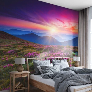 Fototapeta Standard Eco - Górski krajobraz z fioletowymi kwiatami o zachodzie słońca - 100x70cm - Ziół zapachniały świeże pęki od niw - Nowoczesna dekoracja ścienna do salonu i sypialni ARTTOR