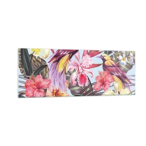 Obraz na szkle - Egzotyczne ptaki wśród tropikalnych kwiatów - 140x50cm - Płatki i piórka - Nowoczesna dekoracja ścienna do salonu i sypialni ARTTOR