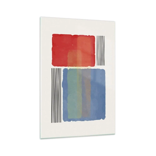 Obraz na szkle - Geometryczna kompozycja z kolorowymi blokami i liniami - 70x100cm - Duch i litera geometrii - Nowoczesna dekoracja ścienna do salonu i sypialni ARTTOR