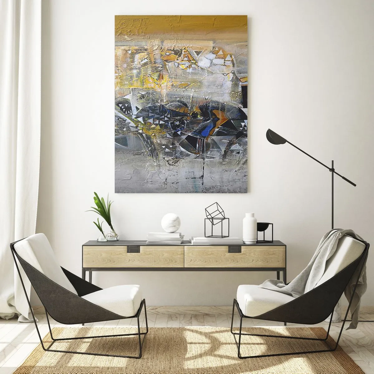 Obraz na szkle - Artystyczna abstrakcja w złocie, srebrze i szarościach - 50x70cm - Wszystko się poukłada - Nowoczesna dekoracja ścienna do salonu, kuchni i sypialni ARTTOR