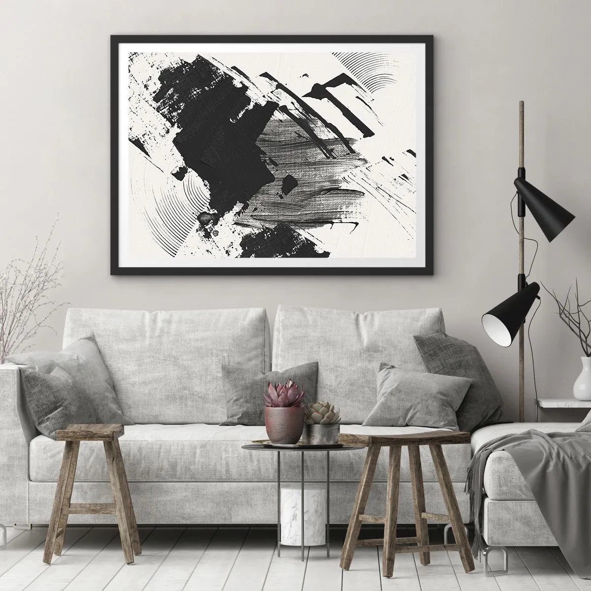 Plakat w czarnej ramie - Abstrakcyjne pociągnięcia czerni na białym tle - 70x50cm - Abstrakcja – ekspresja czerni - Nowoczesna dekoracja ścienna do salonu i sypialni ARTTOR