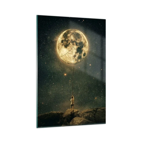 Obraz na szkle - Człowiek z Księżycem na tle gwieździstego nieba - 80x120cm - Jeden taki, co ukradł Księżyc - Nowoczesna dekoracja ścienna do salonu i sypialni ARTTOR