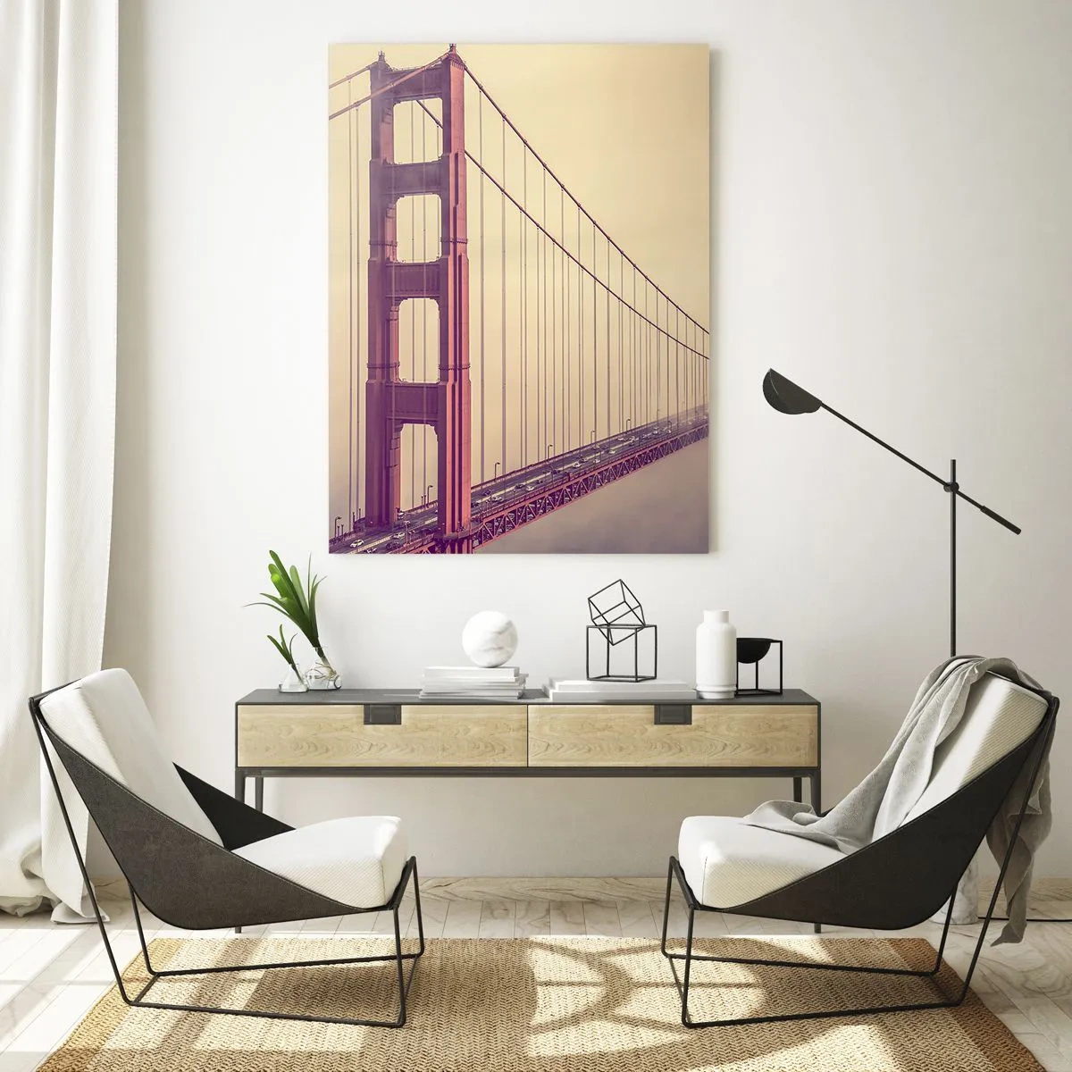 Obraz na szkle - Most Golden Gate w San Francisco w mglistym krajobrazie - 50x70cm - Między niebem a ziemią - Nowoczesna dekoracja ścienna do salonu, kuchni i sypialni ARTTOR