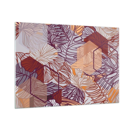 Obraz na szkle - Graficzne liście na tle geometrycznych kształtów - 100x70cm - Związek niemozliwy geometrii i natury - Nowoczesna dekoracja ścienna do salonu, kuchni i sypialni ARTTOR