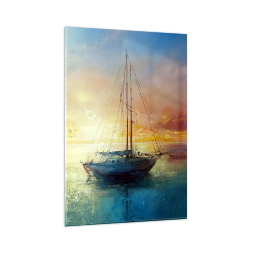 Obraz na szkle - Jacht na spokojnym morzu o zachodzie słońca - 80x120cm - W złotej zatoce - Nowoczesna dekoracja ścienna do salonu i sypialni ARTTOR