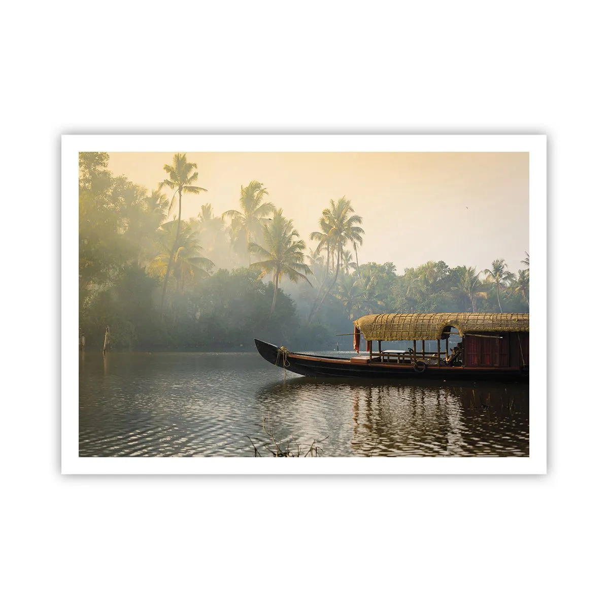 Plakat - Tradycyjna łódź na spokojnej rzece wśród palm - 100x70cm - Dom na rzece - Nowoczesna dekoracja ścienna do salonu i sypialni ARTTOR