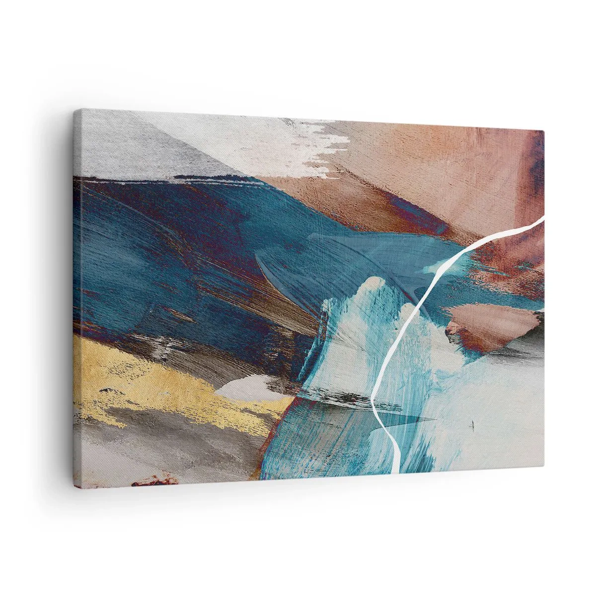 Obraz na płótnie - Abstrakcyjne pociągnięcia pędzla w odcieniach niebieskiego i złota - 70x50cm - Z rozmachem i energicznie - Nowoczesna dekoracja ścienna do salonu i sypialni ARTTOR