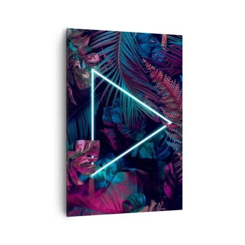 Obraz na płótnie - Neonowy trójkąt w otoczeniu tropikalnych liści w ciemnych barwach - 70x100cm - Ogród w stylu disco - Nowoczesna dekoracja ścienna do salonu i sypialni ARTTOR