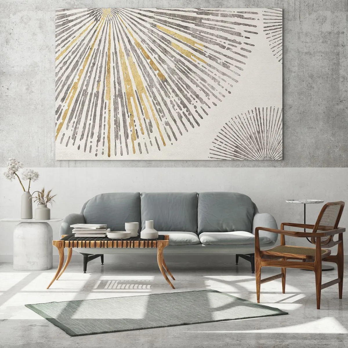 Obraz na szkle - Promieniste linie w odcieniach złota i szarości na jasnym tle - 120x80cm - Uroda promienia - Nowoczesna dekoracja ścienna do salonu, kuchni i sypialni ARTTOR