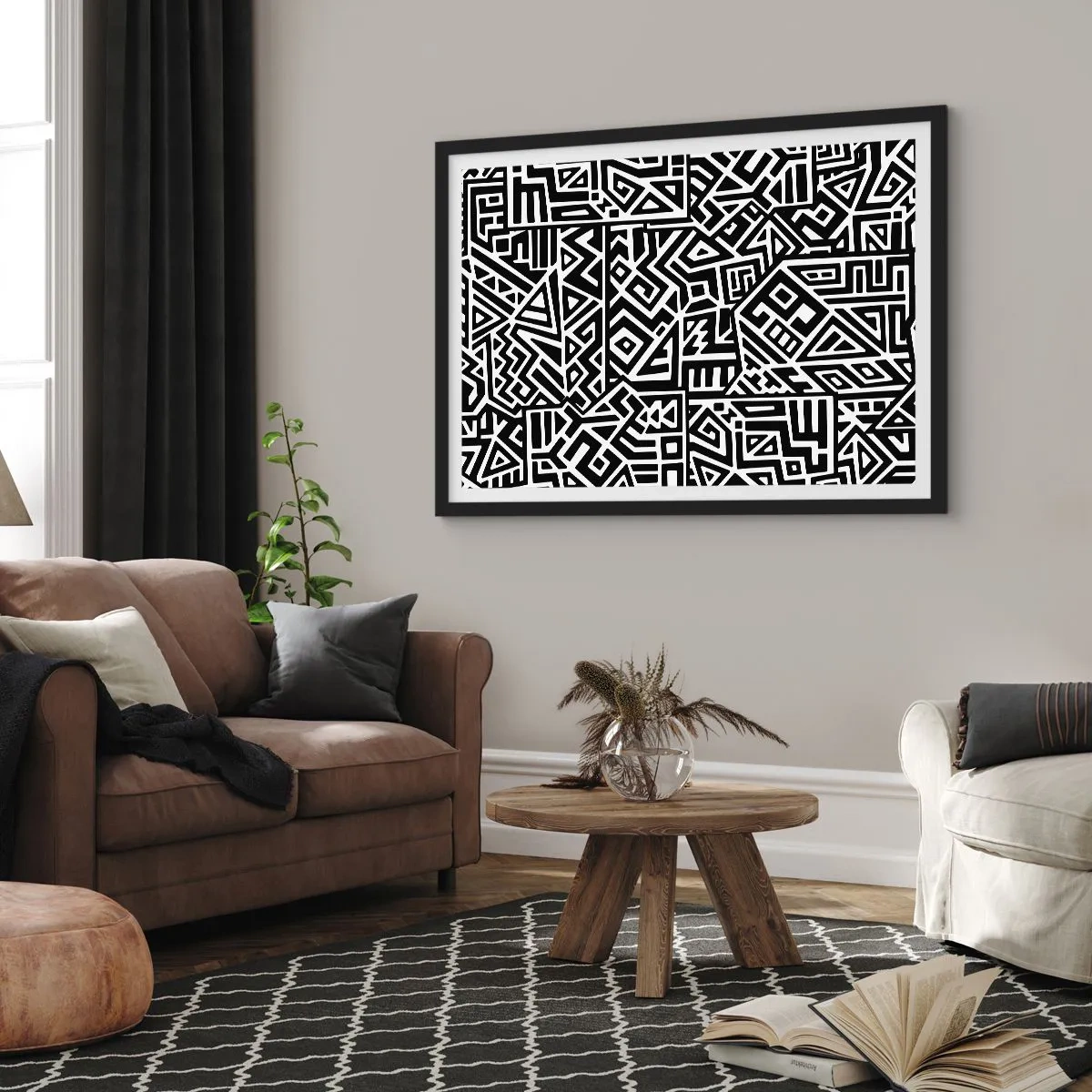 Plakat w czarnej ramie - Czarno-białe geometryczne wzory inspirowane kulturą prekolumbijską - 70x50cm - Kompozycja prekolumbijska - Nowoczesna dekoracja ścienna do salonu i sypialni ARTTOR
