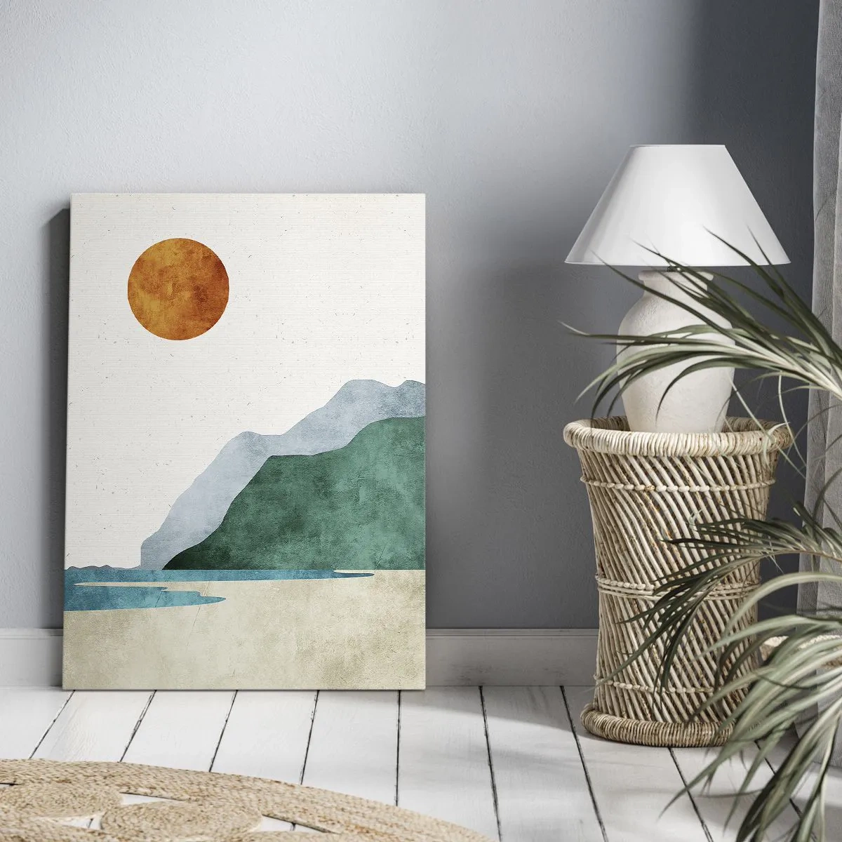 Obraz na płótnie - Minimalistyczny krajobraz górski z plażą i słońcem - 50x70cm - Pejzaż jak należy - Nowoczesna dekoracja ścienna do salonu, kuchni i sypialni ARTTOR