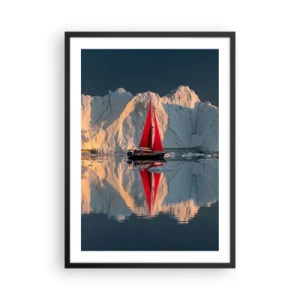 Plakat w czarnej ramie - Czerwony żagiel łodzi na tle lodowców i spokojnej wody - 50x70cm - Na krańcu świata - Nowoczesna dekoracja ścienna do salonu i sypialni ARTTOR