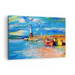 Obraz na płótnie - Port rybacki z łodziami i latarnią morską w jasnych kolorach - 100x70cm - Popołudnie w tęczowej zatoce - Nowoczesna dekoracja ścienna do salonu, kuchni i sypialni ARTTOR